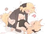  2girls alternate_costume animal_ear_fluff animal_ears arknights aunt_and_niece bed_sheet black_legwear black_ribbon black_shirt blemishine_(arknights) blonde_hair blush breast_grab breasts closed_eyes clothed_sex commentary cowgirl_position cum eyebrows_visible_through_hair futa_with_female futanari girl_on_top grabbing groping hair_ribbon heart highres horse_ears horse_girl horse_tail incest kyou_039 lactation long_hair looking_at_another lying medium_breasts multiple_girls nipples on_back open_mouth orgasm panties panty_pull ribbon sex shirt short_hair simple_background straddling sweat tail thighhighs trembling twitter_username underwear whislash_(arknights) white_background white_panties yellow_eyes 