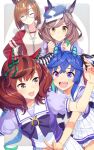  4girls @_@ ^_^ ahoge animal_ears bangs blue_eyes blue_hair braid braided_ponytail brown_hair closed_eyes ears_through_headwear fist_pump glomp grey_eyes hat heterochromia high_collar highres horse_ears hug ikuno_dictus_(umamusume) itou_(onsoku_tassha) jacket long_hair matikane_tannhauser_(umamusume) multicolored_hair multiple_girls nice_nature_(umamusume) open_mouth puffy_short_sleeves puffy_sleeves purple_eyes red_jacket sailor_collar school_uniform sharp_teeth short_sleeves skirt smile streaked_hair teeth tracen_school_uniform track_jacket twin_turbo_(umamusume) twintails umamusume upper_teeth white_skirt yellow_eyes 