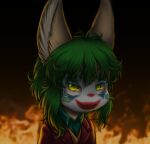  1girl animal_ears arthur_fleck bangs blazer bune_poster closed_mouth clown commentary_request cosplay facepaint fire furry furry_female green_eyes green_hair green_shirt highres jacket joker_(2019) joker_(dc) joker_(dc)_(cosplay) looking_at_viewer made_in_abyss medium_hair nanachi_(made_in_abyss) rabbit_ears rabbit_girl red_jacket shirt smile upper_body 