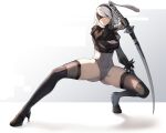  1girl black_hairband blindfold breasts cleavage cleavage_cutout closed_mouth clothing_cutout covered_navel fighting_stance full_body gloves hairband high_heels highres holding holding_sword holding_weapon katana large_breasts legs legs_apart leotard mole mole_under_mouth nier_(series) nier_automata short_hair snozaki sword tassel thighhighs thighs weapon white_hair yorha_no._2_type_b 