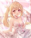  1girl ahoge backlighting bangs blonde_hair breasts bug butterfly cleavage commentary curtains dress flower gloves hair_ornament hair_ribbon hand_up heterochromia hoshikawa_sara indoors lace_trim large_breasts layered_dress long_hair looking_at_viewer nijisanji open_mouth pink_eyes pink_flower pink_rose ponytail ribbon rose side_ponytail sidelocks smile solo tiara upper_body veil very_long_hair virtual_youtuber wedding_dress white_butterfly white_dress white_gloves white_ribbon x_hair_ornament yellow_eyes zky_(oekaky) 