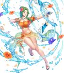  1girl adapted_costume anbe_yoshirou arrow_(projectile) bangs bare_shoulders bikini bow_(weapon) bracelet breasts brown_eyes cleavage elincia_ridell_crimea fire_emblem fire_emblem:_path_of_radiance fire_emblem:_radiant_dawn fire_emblem_heroes flower frills full_body gradient gradient_clothes green_hair hair_bun hair_flower hair_ornament hibiscus highres holding holding_bow_(weapon) holding_weapon jewelry leg_up long_hair looking_away medium_breasts navel necklace non-web_source off-shoulder_bikini off_shoulder official_art open_mouth parted_bangs petals puffy_short_sleeves puffy_sleeves ribbon sarong seashell see-through shell shiny shiny_hair shiny_skin short_sleeves smile solo stomach swimsuit thighs transparent_background water water_drop weapon 