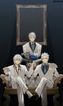  3boys bare_pectorals black_footwear blue_eyes blue_necktie card closed_mouth couch crossed_legs cumcmn dante_(devil_may_cry) devil_may_cry_(series) devil_may_cry_5 eyebrows_visible_through_hair formal frown grey_hair gun hair_between_eyes hair_slicked_back handgun highres holding holding_card holding_gun holding_weapon light_particles light_rays looking_at_viewer male_focus mega_man_(series) multiple_boys necktie nero_(devil_may_cry) parody pectorals picture_frame pistol red_necktie revolver sitting smile spiked_hair standing suit twitter_username vergil_(devil_may_cry) weapon white_footwear white_hair white_suit 