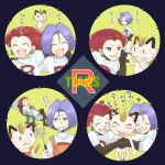  1boy 1girl angry ashinomemo black_background blue_hair closed_eyes happy hug james_(pokemon) jessie_(pokemon) meowth open_mouth red_hair 