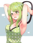  1girl @_@ armpits arms_behind_head blush breasts camisole cleavage exercise festa11307070 green_eyes green_hair morinaka_kazaki nijisanji open_mouth ring_fit_adventure simple_background solo sweat upper_body virtual_youtuber 