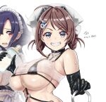  2girls ahoge artist_name black_gloves blush braid breasts brown_hair chougei_(kancolle) dated gloves grey_eyes grin hair_flaps hair_rings kantai_collection large_breasts long_hair multiple_girls open_mouth purple_hair red_eyes signature simple_background smile taigei_(kancolle) tk8d32 twin_braids upper_body white_background 
