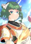  1girl ahoge armor braid breasts closed_mouth cloud cloudy_sky eyebrows_visible_through_hair green_eyes green_hair juniper_(xenoblade) mugimugis short_hair sky small_breasts solo solo_focus xenoblade_chronicles_(series) xenoblade_chronicles_3 