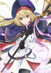  1girl artoria_caster_(fate) artoria_caster_(second_ascension)_(fate) artoria_pendragon_(fate) bangs belt beret black_gloves blonde_hair blue_belt blue_raincoat blush bow breasts buttons closed_mouth collar collared_shirt eyebrows_visible_through_hair fate/grand_order fate_(series) floral_background flower gem gloves gold gold_trim green_eyes green_gemstone hair_ornament hat holding long_hair long_sleeves looking_at_viewer narim pantyhose petals pink_flower pink_ribbon purple_bow raincoat ribbon shiny shirt simple_background skirt smile solo twintails white_shirt white_skirt 
