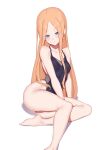  1girl :o abigail_williams_(fate) bare_legs barefoot black_swimsuit blonde_hair blush breasts collarbone fate/grand_order fate_(series) forehead highres jilu looking_at_viewer one-piece_swimsuit simple_background sitting small_breasts solo swimsuit thighs toes white_background 