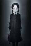  1girl absurdres addams_family animification braid doll dress expressionless grey_background greyscale hair_behind_ear highres holding holding_doll inawata looking_at_viewer medium_hair monochrome solo twin_braids wednesday_addams 