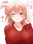  ;) bangs blush breasts brown_eyes brown_hair closed_mouth dated eyebrows_visible_through_hair hair_bun happy_birthday heart highres large_breasts long_hair long_sleeves looking_at_viewer one_eye_closed red_hayao red_sweater simple_background single_hair_bun single_side_bun smile sweater upper_body v white_background yahari_ore_no_seishun_lovecome_wa_machigatteiru. yuigahama_yui 