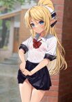  1girl black_skirt blonde_hair blue_eyes blurry blurry_background bow bowtie brick_wall commentary_request cowboy_shot day elf enjo_kouhai hair_ribbon highres iris_(takunomi) light_blush long_hair looking_at_viewer outdoors pointy_ears ponytail red_bow red_bowtie ribbon see-through shirt short_sleeves skirt solo takunomi thighs very_long_hair wet wet_clothes white_ribbon white_shirt wing_collar wringing_clothes wringing_skirt 