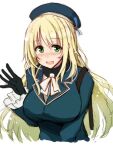  ascot atago_(kancolle) beret black_gloves blonde_hair blue_headwear breasts gloves hat kantai_collection large_breasts long_hair mashayuki military military_uniform one-hour_drawing_challenge simple_background uniform upper_body waving white_ascot white_background 