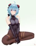  1girl absurdres ahoge artist_name bangs bare_shoulders black_gloves black_leotard blue_hair blush bodystocking bodysuit bow breasts brown_legwear cameltoe covered_navel elbow_gloves eyebrows_visible_through_hair full_body ganyu_(genshin_impact) genshin_impact gloves highres horns leotard leotard_under_clothes long_hair looking_at_viewer medium_breasts no_shoes peagunz purple_eyes sidelocks sitting smile solo thighlet thighs 