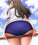  1girl absurdres asashio_(kancolle) ass bangs blue_buruma blue_eyes blue_sky blush brown_hair buruma cameltoe cloud commentary_request day embarrassed from_behind gym_shirt gym_uniform highres kantai_collection long_hair looking_at_viewer looking_back outdoors pantylines shirt sidelocks sitting sitting_on_bar sky solo sweat thighs white_shirt zanntetu 