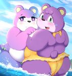  2022 animal_crossing anthro belly blush clothing cloud duo female green_eyes hi_res judy_(animal_crossing) kemono kusosensei mammal megan_(animal_crossing) nintendo outside overweight pink_body purple_body swimwear ursid video_games water 