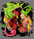  2017 anthro busuzima_(bloody_roar) chameleon clothing duo english_text eyewear green_hair hair human lizard long_tongue mammal open_mouth reptile scalie signature smile square_crossover sunglasses teeth text tongue tongue_out video_games yuriyuri_(ccc) 