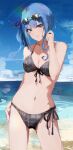  1girl bare_arms beach bikini black_bikini blue_eyes blue_hair breasts cleavage cowboy_shot eyebrows_visible_through_hair eyewear_on_head front-tie_top highres hololive hoshimachi_suisei navel ocean parted_lips plaid plaid_bikini sand side-tie_bikini sidelocks sky small_breasts smile solo stomach string_bikini swimsuit thighs virgo76612871 water 