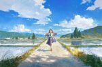  &gt;o&lt; 1girl bag blue_skirt blue_sky brown_hair cloud cloudy_sky commentary day fjsmu grass highres holding holding_bag leg_up long_hair mountainous_horizon original outdoors red_footwear reflection reflective_water rice_paddy road running scenery school_bag shadow shirt skirt sky socks solo standing standing_on_one_leg straight-on sunlight torii tree water white_legwear white_shirt wide_shot 