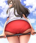  1girl absurdres asashio_(kancolle) ass bangs blue_eyes blue_sky blush brown_hair buruma cameltoe cloud commentary_request day embarrassed from_behind gym_shirt gym_uniform highres kantai_collection long_hair looking_at_viewer looking_back outdoors pantylines red_buruma shirt sidelocks sitting sitting_on_bar sky solo sweat thighs white_shirt zanntetu 