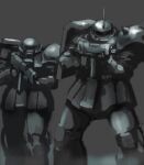  grey_background greyscale gun gundam holding holding_gun holding_weapon horns inawata looking_ahead mecha mobile_suit mobile_suit_gundam monochrome no_humans shoulder_spikes single_horn spikes weapon zaku_ii zeon 