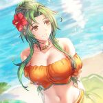  1girl anbe_yoshirou bangs bare_shoulders bikini breasts brown_eyes collarbone commentary_request day elincia_ridell_crimea fire_emblem fire_emblem:_path_of_radiance fire_emblem:_radiant_dawn fire_emblem_heroes flower green_hair hair_bun hair_flower hair_ornament highres jewelry long_hair looking_away medium_breasts navel necklace ocean official_alternate_costume orange_bikini outdoors parted_lips puffy_short_sleeves puffy_sleeves shore short_sleeves simple_background smile solo stomach strapless strapless_bikini swimsuit upper_body water 