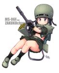  1girl bangs belt black_belt black_eyes black_hair black_tube_top blush breasts faxbunny green_footwear green_jacket green_skirt gun gundam helmet highres holding holding_gun holding_weapon humanization jacket large_breasts mecha_musume mobile_suit_gundam mobile_suit_gundam:_cucuruz_doan&#039;s_island short_hair skirt solo strapless tube_top weapon white_background zaku_ii 