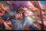  1boy arrow_(projectile) bangs blurry blurry_background bow_(weapon) chiyo_(miichiyochin) commentary_request dark-skinned_male dark_skin day facial_hair floating_hair from_side grey_shirt holding holding_arrow knife leon_(pokemon) letterboxed long_hair male_focus mononoke_hime mouth_hold outdoors pokemon pokemon_(game) pokemon_swsh purple_hair shirt solo undershirt upper_body weapon yellow_eyes 