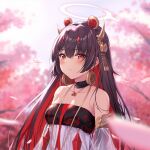  1girl bangs bare_shoulders black_hair blurry blurry_background blurry_foreground blush branch breasts cleavage closed_mouth collarbone depth_of_field dress envyvanity eyebrows_visible_through_hair flower hair_between_eyes hair_ornament halo highres horns long_hair lucia_(punishing:_gray_raven) multicolored_hair petals pink_flower punishing:_gray_raven red_eyes red_hair see-through see-through_sleeves small_breasts solo strapless strapless_dress two-tone_hair upper_body very_long_hair white_dress 
