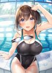  1girl arm_support arm_up bangs black_swimsuit blue_eyes blue_sky blurry blurry_background breasts brown_hair cleavage cloud collarbone commentary_request covered_navel day eyebrows_visible_through_hair goggles hair_between_eyes highres indoors large_breasts looking_at_viewer open_mouth original pool pool_ladder poolside shiro_kuma_shake sitting sky smile solo swim_cap swimsuit tree wet window 