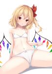  1girl :o bangs bare_arms bare_shoulders bikini blonde_hair cameltoe commentary_request crystal eyebrows_visible_through_hair flandre_scarlet hair_between_eyes hair_ribbon highres kashiwagi_yamine long_hair looking_at_viewer navel one_side_up parted_lips red_eyes red_ribbon ribbon shadow side-tie_bikini simple_background solo strap_slip swimsuit touhou white_background white_bikini wings 