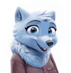  2022 anthro arctic_fox bella_(mamasally) black_nose blue_eyes canid canine clothed clothing digital_media_(artwork) fluffy fox head_tuft hi_res mammal open_mouth open_smile s1m simple_background smile solo tuft white_background 