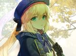  1girl artoria_caster_(fate) artoria_pendragon_(fate) autumn bangs beret black_bow black_gloves blonde_hair blush bow branch breasts buttons cloak collar eyebrows_visible_through_hair eyelashes fate/grand_order fate_(series) gem gloves green_eyes green_gemstone hair_between_eyes hair_bow hat hieung holding jewelry leaf lips long_hair looking_at_viewer makeup multiple_tails nose open_mouth purple_bow sequins shadow shiny shirt solo tail teeth tree two_tails water_drop white_shirt yellow_leaves 