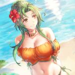 1girl absurdres anbe_yoshirou arms_behind_back bangs bare_shoulders beach bikini breasts brown_eyes cleavage collarbone commentary_request day elincia_ridell_crimea fire_emblem fire_emblem:_path_of_radiance fire_emblem:_radiant_dawn fire_emblem_heroes flower green_hair hair_bun hair_flower hair_ornament highres jewelry large_breasts long_hair looking_away looking_to_the_side medium_breasts navel necklace ocean off-shoulder_bikini off_shoulder official_alternate_costume orange_bikini outdoors parted_lips puffy_short_sleeves puffy_sleeves red_flower shore short_sleeves simple_background smile solo stomach strapless strapless_bikini swimsuit upper_body water 