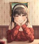  1girl bangs bare_shoulders black_hair blurry blurry_foreground blush breasts cleavage cup drinking_glass envyvanity eyebrows_visible_through_hair hairband head_rest highres large_breasts long_hair long_sleeves looking_at_viewer off-shoulder_sweater off_shoulder painting_(object) parted_lips red_eyes red_sweater sitting smile solo spy_x_family staring sweater upper_body white_hairband wine_glass yor_briar 