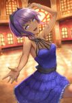  1girl :d absurdres announ_(kurotya) arm_up bangs bare_shoulders belt blue_dress breasts cleavage commentary_request dancing dark-skinned_female dark_skin dress eyebrows_visible_through_hair fate/grand_order fate/prototype fate/prototype:_fragments_of_blue_and_silver fate_(series) frilled_dress frills hair_between_eyes hairband hassan_of_serenity_(fate) highres indoors open_mouth outstretched_hand purple_eyes purple_hair short_hair sidelocks sleeveless sleeveless_dress small_breasts smile solo window 