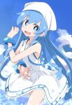  1girl blue_eyes blue_hair blue_sky cloud day dress eyebrows_visible_through_hair hat ikamusume ixy long_hair looking_at_viewer open_mouth shinryaku!_ikamusume sky sleeveless sleeveless_dress solo tentacle_hair white_dress white_headwear 
