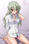  1girl anchovy_(girls_und_panzer) artist_name bangs bare_legs barefoot bed_sheet blush bottomless breasts cleavage closed_mouth collarbone collared_shirt dress_shirt eyebrows_visible_through_hair girls_und_panzer gradient gradient_background grey_background grey_hair hair_between_eyes hand_in_own_hair kneeling long_hair looking_at_viewer matsui_yasutsugu naked_shirt partially_unbuttoned red_eyes shiny shiny_hair shiny_skin shirt small_breasts smile solo white_shirt wing_collar 