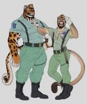  2022 anthro beard biped black_body black_fur boots brown_body brown_fur clothing cougar digital_media_(artwork) duo eyes_closed facial_hair felid feline footwear fur gloves handwear hi_res jewelry larger_anthro larger_male male mammal markings military_uniform multicolored_body multicolored_fur muscular muscular_anthro muscular_male necklace open_mouth open_smile orange_body orange_fur pantherine plantigrade repzzmonster ring_(marking) shirt simple_background size_difference smaller_anthro smaller_male smile suspenders tan_body tan_fur topwear uniform white_background 