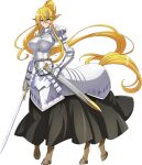  1girl absurdly_long_hair animal_ears armor artist_request blonde_hair blue_eyes blush boobplate breasts centaur centorea_shianus full_body game_cg holding holding_sword holding_weapon horse_ears horse_tail huge_breasts long_hair long_sword monster_girl monster_musume_no_iru_nichijou monster_musume_no_iru_nichijou_online official_art plate_armor pointy_ears ponytail scabbard sheath solo sword tail taur very_long_hair weapon 