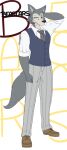  2020 anthro beastars blue_clothing blue_topwear blue_vest bottomwear brown_clothing brown_footwear brown_shoes canid canine canis cheek_tuft clawed_fingers clothed clothing dewwydarts facial_tuft fluffy fluffy_tail footwear fully_clothed fur grey_body grey_bottomwear grey_clothing grey_fur grey_pants hand_behind_head hi_res legoshi_(beastars) looking_at_viewer male mammal necktie pants pattern_bottomwear pattern_clothing pattern_pants school_uniform shirt shoes simple_background snout solo standing striped_bottomwear striped_clothing striped_pants stripes student topwear tuft uniform vest white_clothing white_shirt white_topwear wolf 