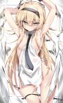  1girl absurdres ahoge angel_wings areola_slip armpits arms_up blonde_hair blue_eyes blush breasts chain hair_censor hairband highres long_hair looking_at_viewer necktie original parted_lips revealing_clothes solo toshizou_(0714) wings 