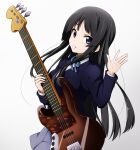  1girl akiyama_mio bangs bass_guitar black_hair blazer blue_skirt blunt_bangs buttons collared_shirt guitar highres hime_cut holding holding_instrument instrument jacket k-on! kuena long_hair long_sleeves looking_at_viewer mouth_hold neck_ribbon pleated_skirt purple_eyes ribbon sakuragaoka_high_school_uniform school_uniform shirt sidelocks simple_background skirt solo white_background white_shirt 