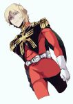  1boy blonde_hair blue_eyes char_aznable cropped_legs dutch_angle gloves gundam jacket long_sleeves looking_at_viewer male_focus military military_uniform mobile_suit_gundam otenki93 pants red_jacket red_pants short_hair simple_background solo uniform white_background white_gloves 