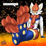  2022 3_toes absurd_res anthro barefoot berk_rider cinderace clothing dialogue english_text feet foot_fetish foot_focus foot_play genitals hi_res looking_at_viewer male nintendo nude open_mouth penis pok&eacute;mon pok&eacute;mon_(species) scarf simple_background smile soles solo text thick_thighs toes video_games 