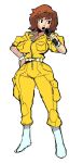  1girl april_o&#039;neil bob_cut breasts dreaminerryday highres jumpsuit large_breasts microphone simple_background teenage_mutant_ninja_turtles white_footwear wide_hips yellow_jumpsuit 