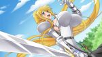  1girl absurdly_long_hair animal_ears armor artist_request blonde_hair blue_eyes blush boobplate breasts centorea_shianus game_cg holding holding_sword holding_weapon horse_ears huge_breasts long_hair long_sword monster_girl monster_musume_no_iru_nichijou monster_musume_no_iru_nichijou_online official_art open_mouth outdoors plate_armor pointy_ears ponytail scabbard sheath sideboob sky solo sword very_long_hair wardrobe_malfunction weapon 