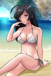  1girl :d ahoge artist_name bangs bare_arms bare_legs beach bikini black_hair blush breasts cleavage collarbone day girls_und_panzer grey_eyes grey_ribbon halterneck hand_in_own_hair isuzu_hana long_hair matsui_yasutsugu medium_breasts navel ocean open_mouth outdoors print_bikini shiny shiny_hair side-tie_bikini sideboob sitting smile solo swept_bangs swimsuit underboob 