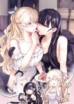  2girls ? albino_and_witch black_hair blonde_hair blush breasts cleavage closed_mouth commentary_request cookie eating eyebrows_visible_through_hair feeding food highres light_particles majo_shuukai_de_aimashou mitsu_(tendou_itsuki) multiple_girls original parted_lips red_eyes sideboob sweat tentacles thought_bubble yellow_eyes yuri 
