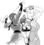  3girls black_gloves bpadult breasts cleavage cleavage_cutout clothing_cutout cropped_jacket fighting_game flower gloves greyscale hair_over_eyes highres holding holding_whip king_(snk) looking_at_viewer monochrome multiple_girls rose ryuuko_no_ken shermie_(kof) shirt snk the_king_of_fighters the_king_of_fighters_xv vest whip whip_(kof) 